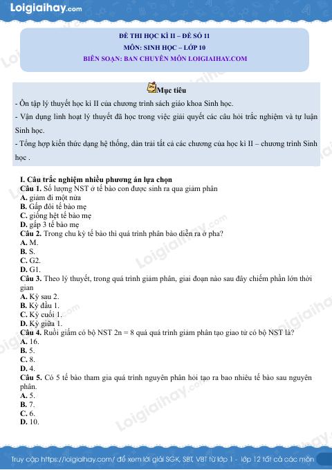 Đề thi học kì 2 Sinh 10 Cánh diều - Đề số 11